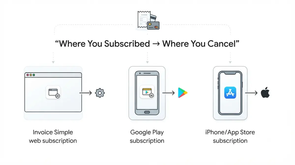 Cancel Invoice Simple subscription through web, Google Play, or Apple