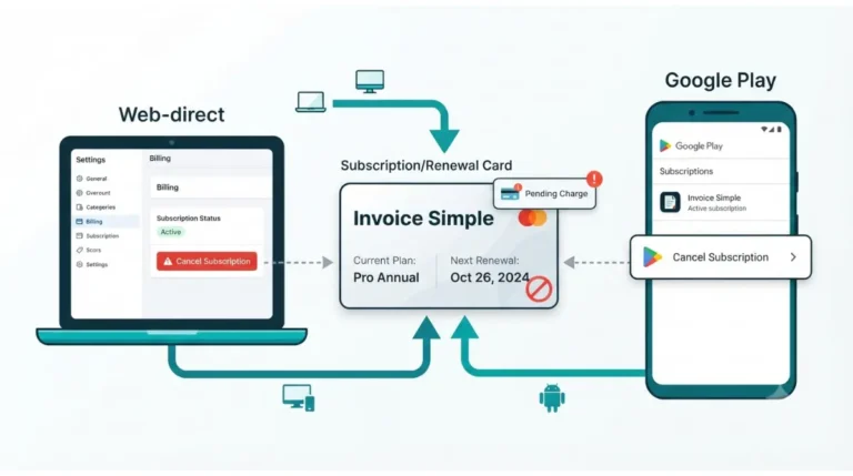 Invoice Simple charge after cancellation showing web-direct and Google Play billing channels