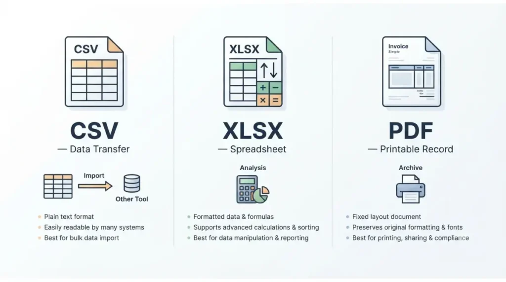 Invoice Simple CSV XLSX and PDF export comparison for different invoice tasks