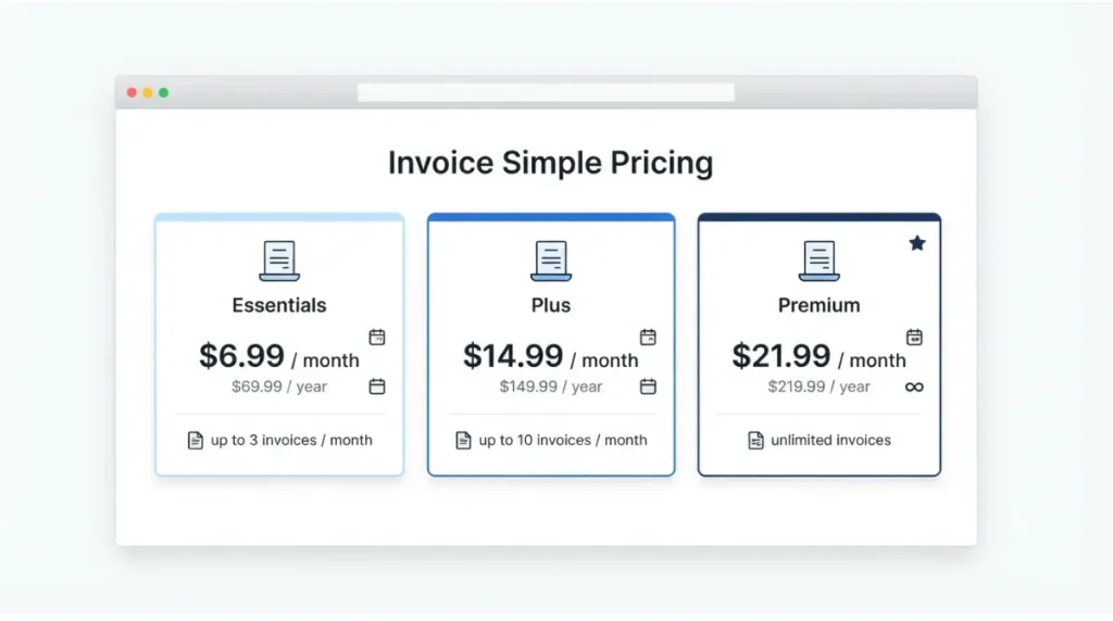 Invoice Simple current web pricing plans at $6.99, $14.99 and $21.99