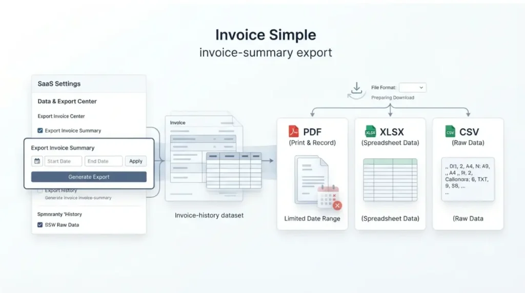 Invoice2go migration workflow showing Invoice Simple invoice export to PDF XLSX and CSV