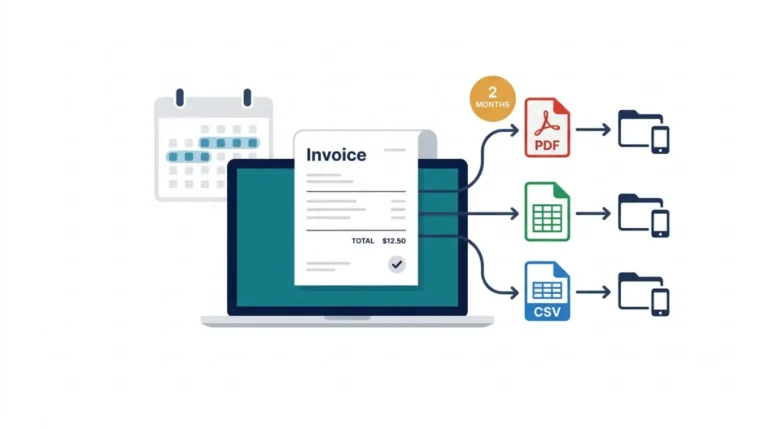 Invoice Simple export summary options shown as PDF, XLSX and CSV files saved to a device, with PDF limited to two months.