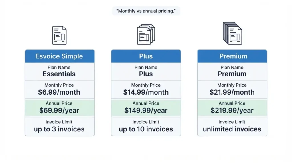 Invoice Simple monthly and annual pricing comparison for Essentials, Plus, and Premium plans