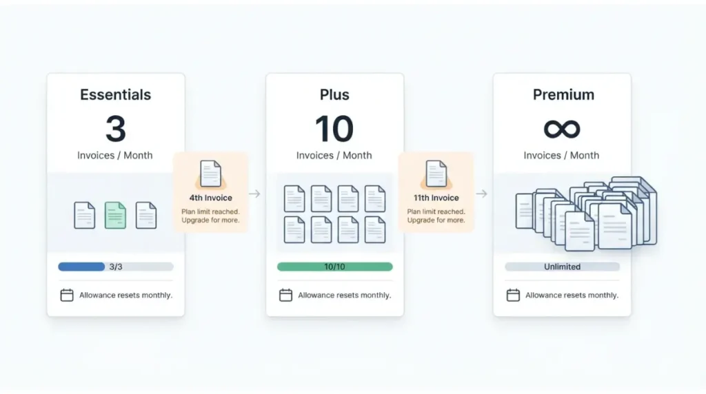 Invoice Simple monthly invoice limit showing Essentials 3, Plus 10, and Premium unlimited invoices