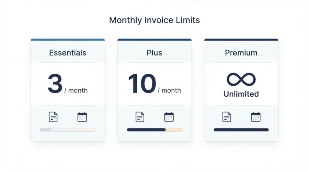 Invoice Simple monthly invoice limits showing 3, 10, and unlimited invoices by plan
