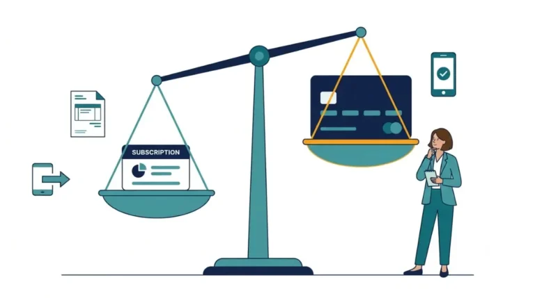 Invoice Simple Plus subscription cost compared with a large credit-card processing fee on a balanced scale