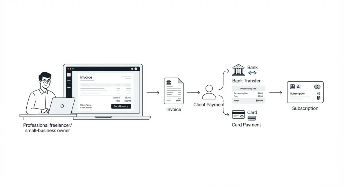 Invoice Simple invoicing workflow showing invoice creation, client payment, subscription cost and processing fees