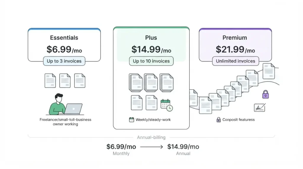 Invoice Simple pricing plans showing Essentials, Plus and Premium invoice limits