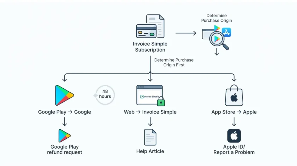 Invoice Simple refund options by web, Google Play, and App Store payment channel