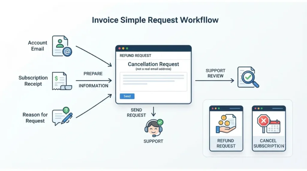 Invoice Simple refund request checklist with account email and subscription receipt