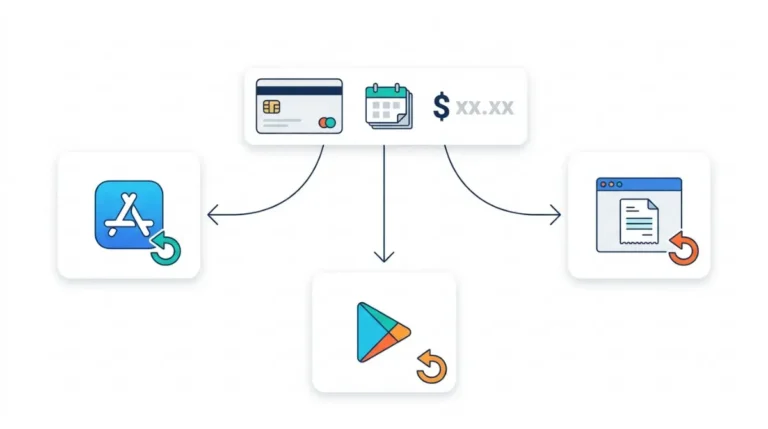 Invoice Simple refund decision diagram showing a card charge routed to Apple, Google Play, or Invoice Simple.