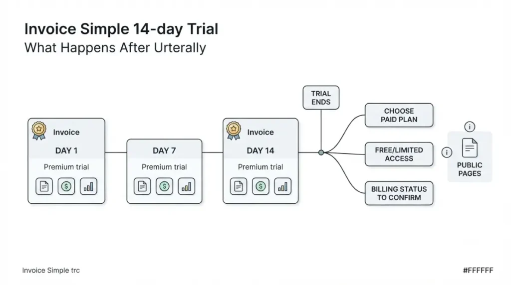 Invoice Simple Free Trial timeline showing day 14 ending and day 15 billing status to confirm