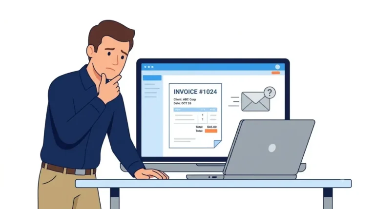 Invoice Simple troubleshooting illustration showing a business owner checking an invoice email on a laptop