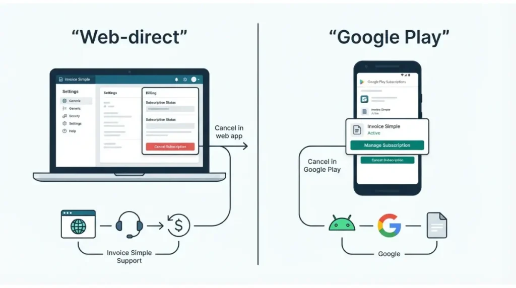 Invoice Simple web and Google Play subscription cancellation paths