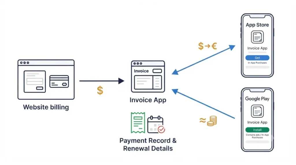 Invoice Simple website, App Store, and Google Play billing paths