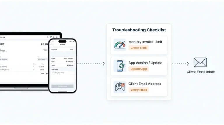 Invoice Simple invoice won't send troubleshooting guide showing plan limit, app update, and email checks