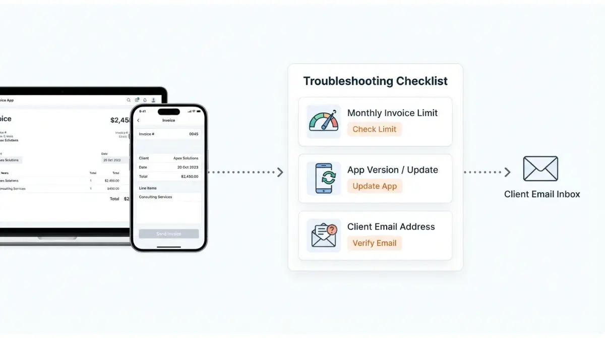 Invoice Simple invoice won't send troubleshooting guide showing plan limit, app update, and email checks
