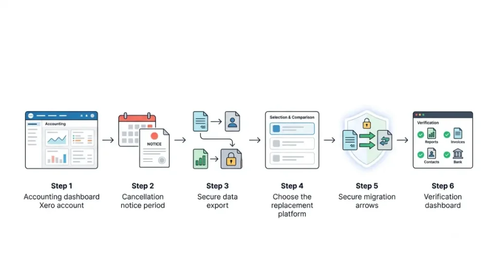Switching from Xero to Xero alternatives with notice, data export, migration, and verification steps