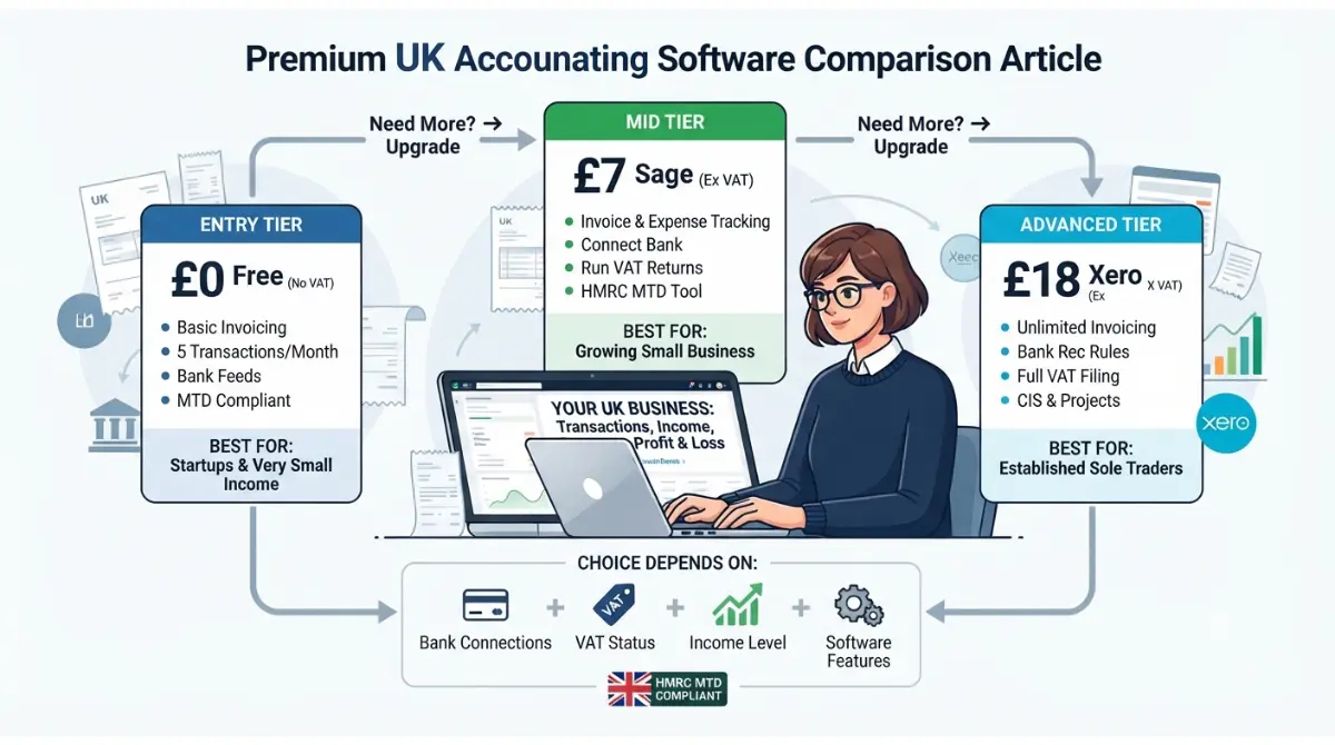 UK sole trader accounting software comparison showing free and paid account options