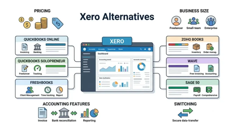Xero alternatives comparison showing accounting software options, pricing, features, and business sizes