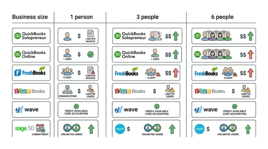 Xero alternatives pricing comparison for one person, three people, and six people