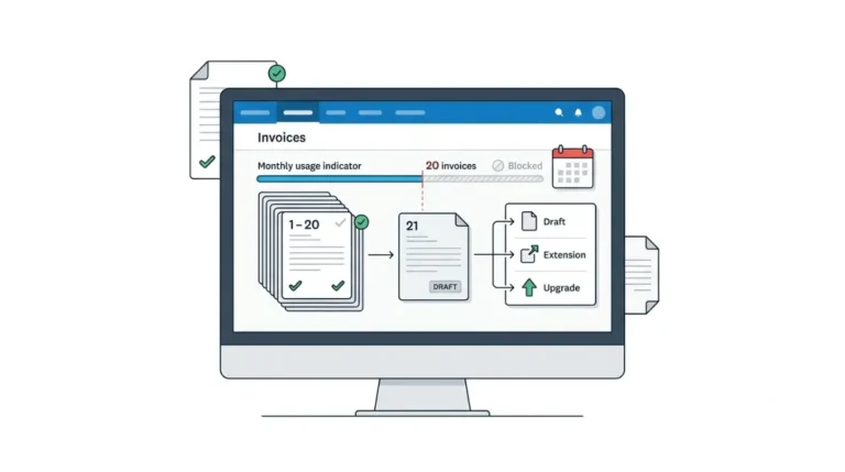 invoice limit reached on the Xero Early plan showing invoice 20 and a new draft invoice