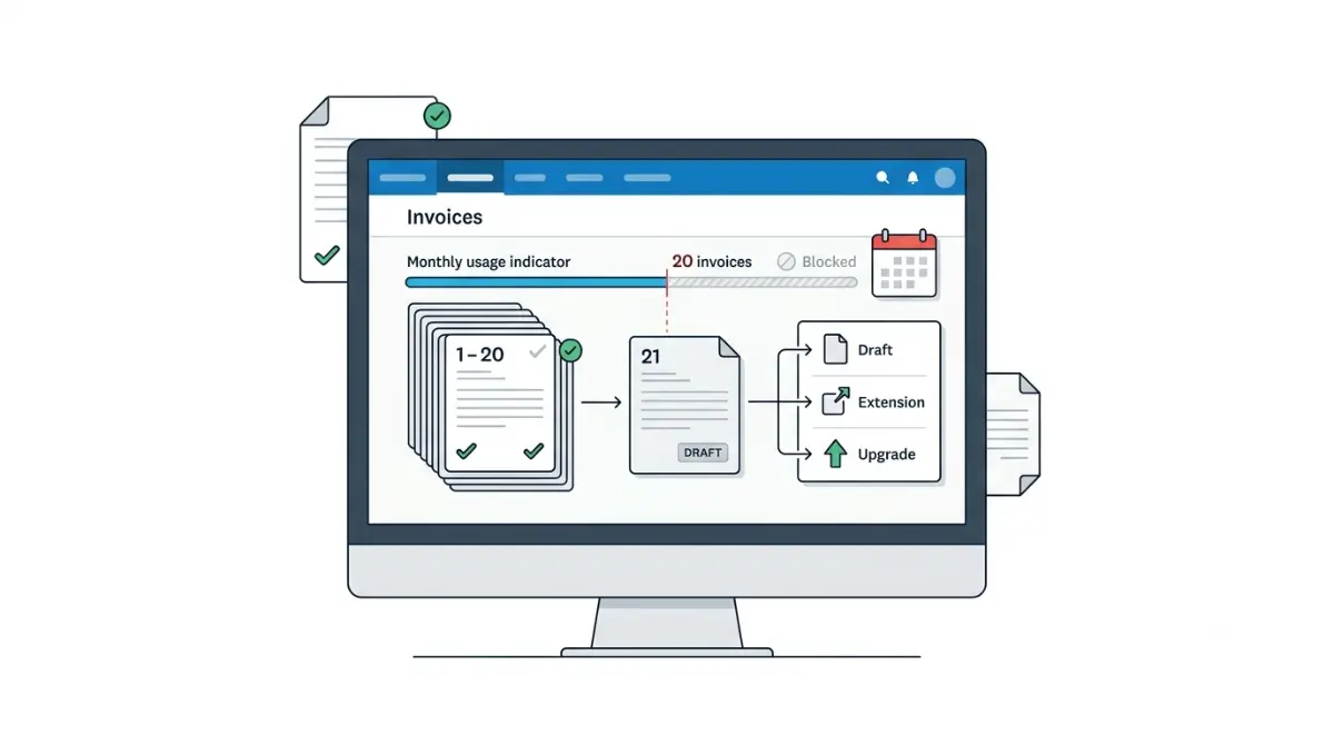 invoice limit reached on the Xero Early plan showing invoice 20 and a new draft invoice