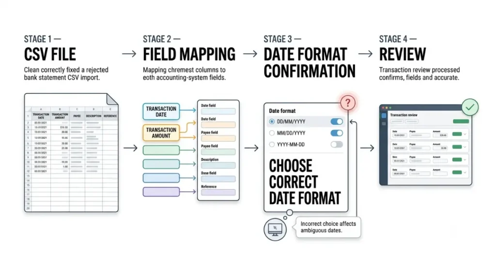 Xero import bank statement CSV mapping, date confirmation, and transaction review