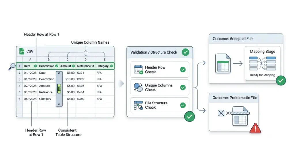 Xero import CSV structure check for headers, columns, and valid file formatting