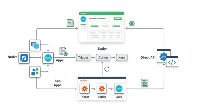 Xero integration guide showing native apps, Zapier, and direct API connection routes