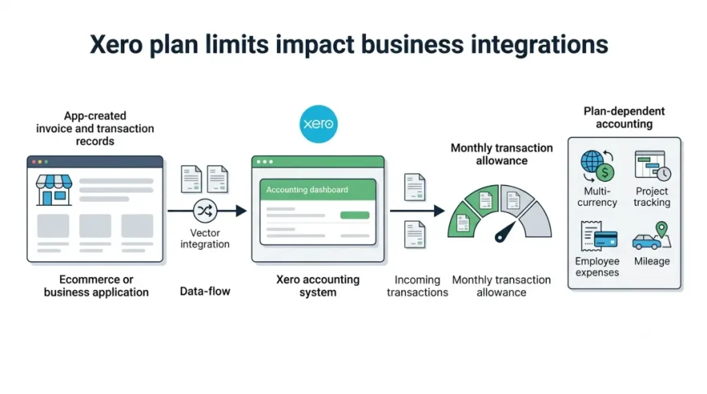 Xero integration showing app-created invoices and transactions contributing to Xero plan limits