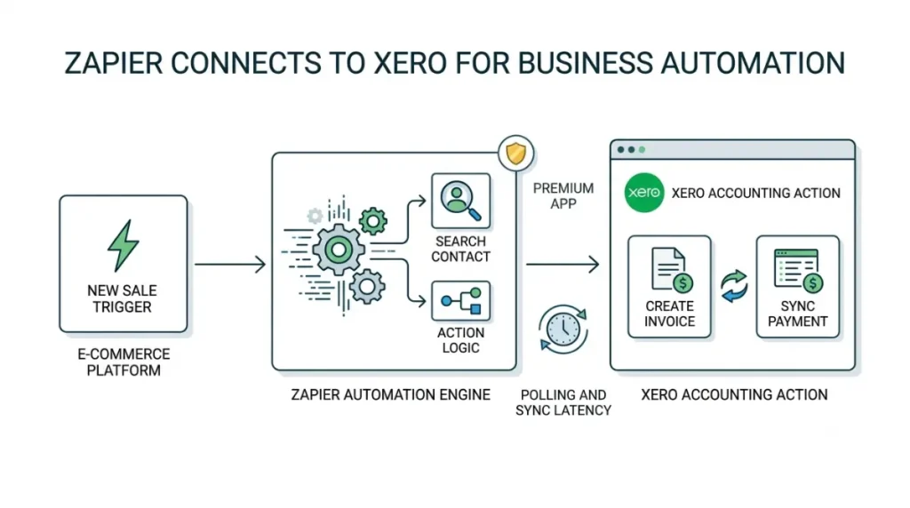 Xero integration with Zapier showing trigger, automation, action, and synchronization workflow
