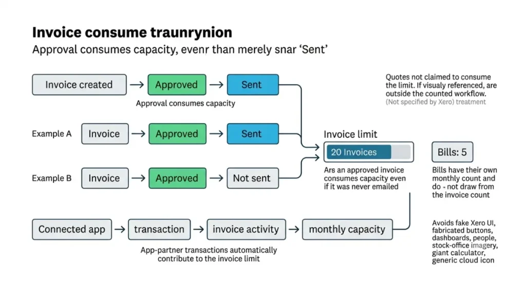 invoice limit showing approved and sent invoices plus app transactions contributing to Xero capacity