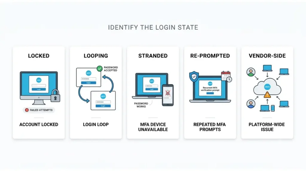 Xero login five states showing locked, looping, stranded, re-prompted, and vendor-side login problems