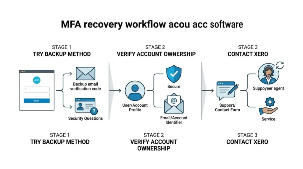 Xero login MFA recovery path using backup email, security questions, account verification, and support