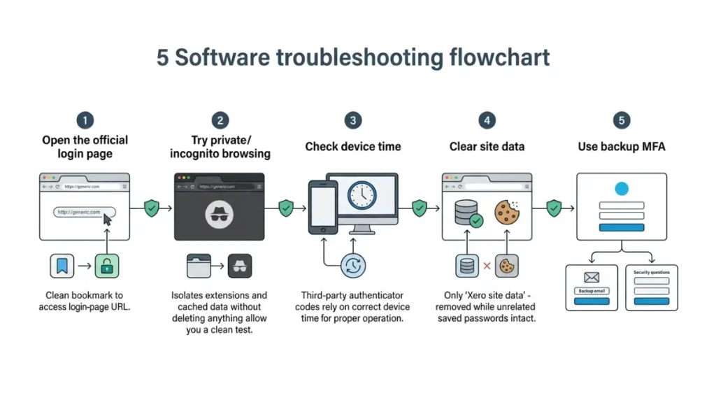 Xero login troubleshooting flow showing the safest steps from browser checks to backup MFA
