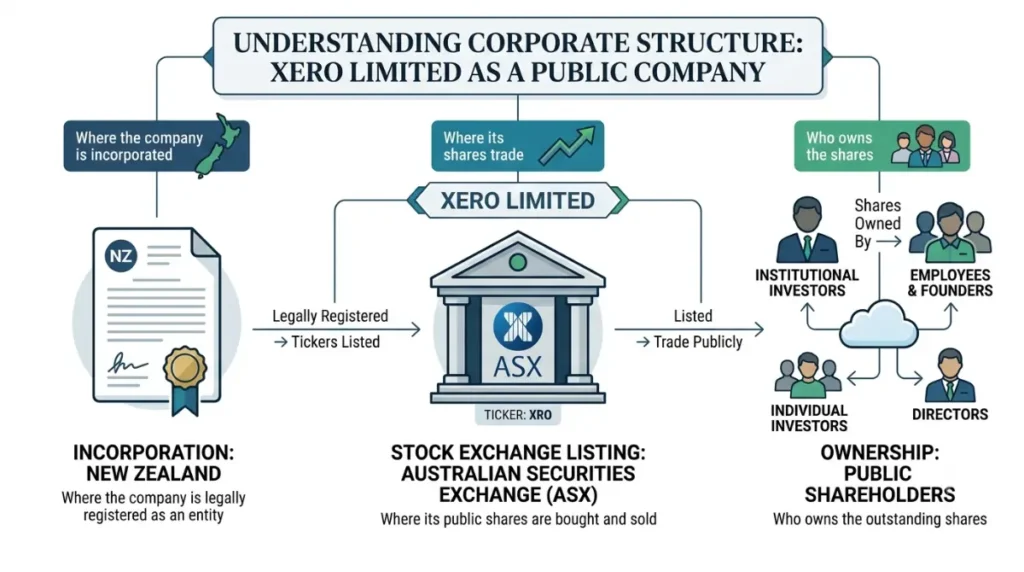 how Xero owns its corporate structure through Xero Limited, New Zealand incorporation, ASX listing and shareholders