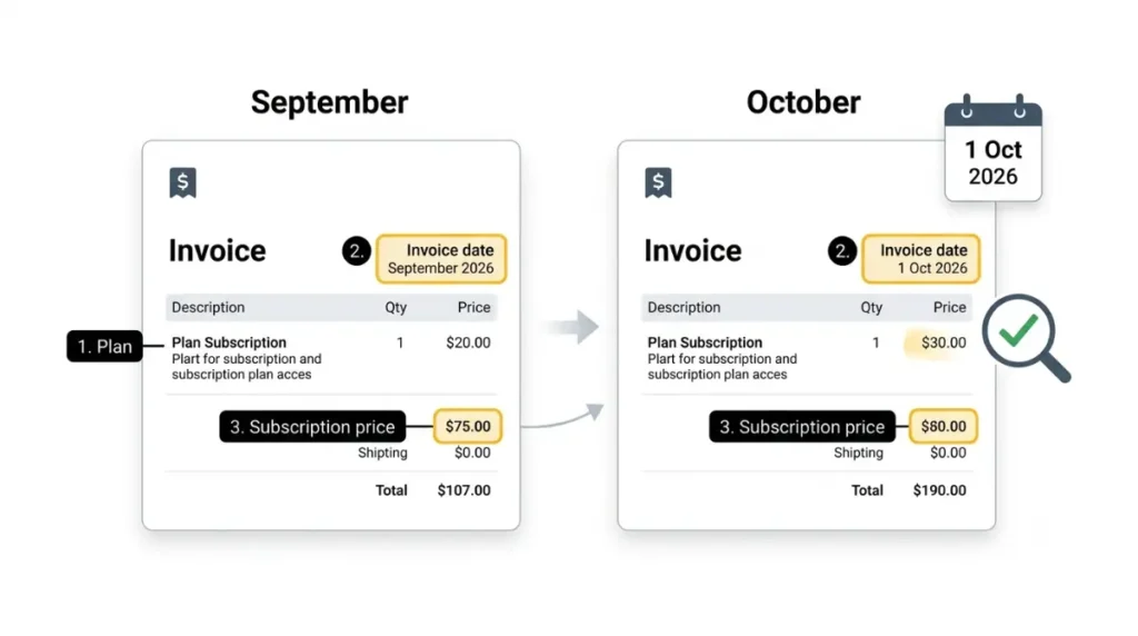 Xero plan invoice checklist comparing September and October subscription prices and billing details
