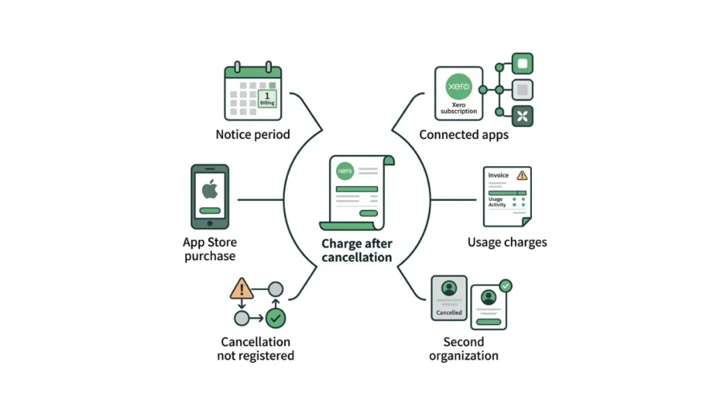 Xero six possible causes after cancel charge including notice period and connected apps
