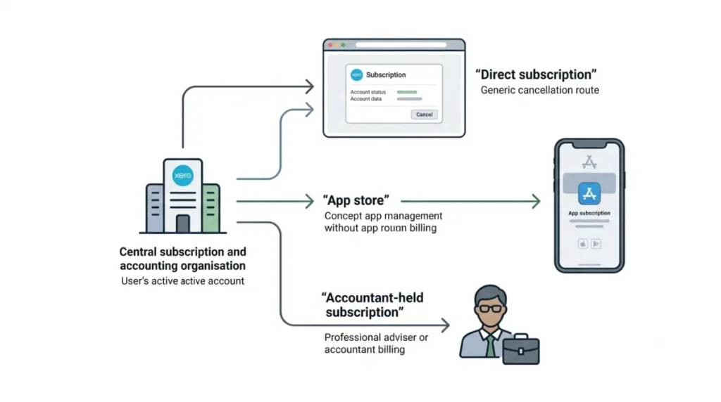 Xero subscription cancellation routes for direct, app store, and accountant-held subscriptions