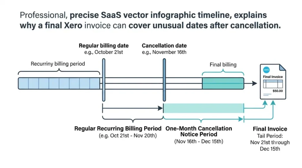 Xero subscription final invoice showing cancellation and billing dates across the notice period