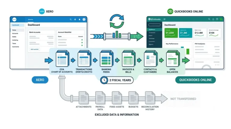 Xero to QuickBooks migration showing core accounting data transfer and excluded data