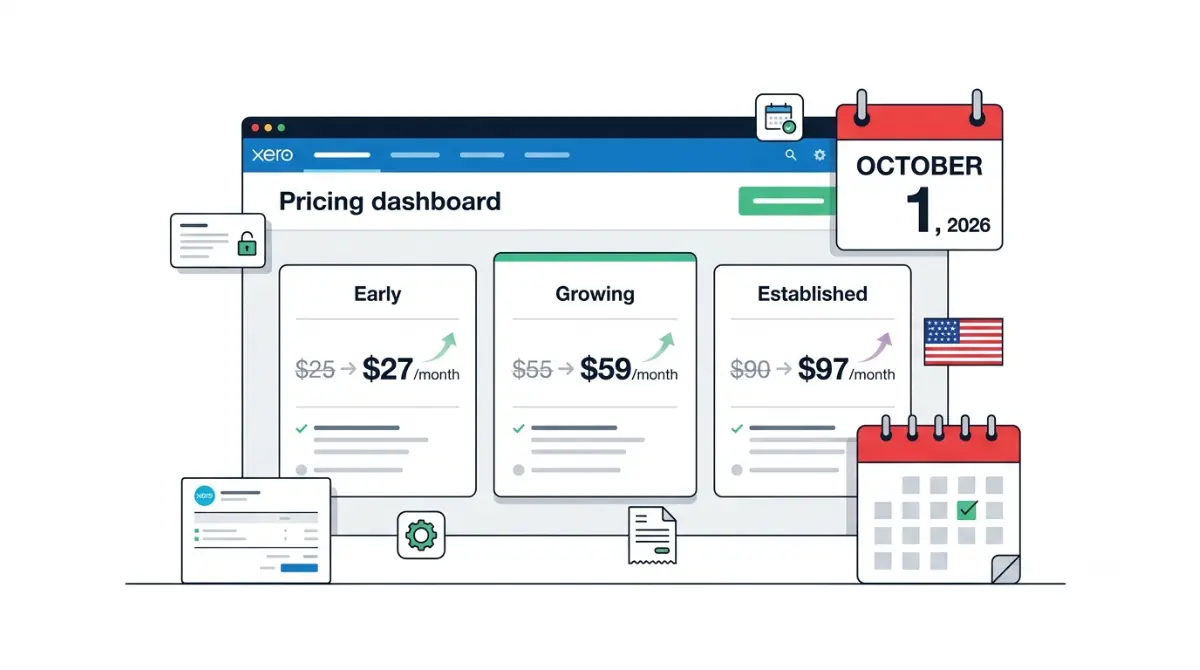 Xero price increase showing US Early, Growing, and Established plan prices rising on October 1 2026