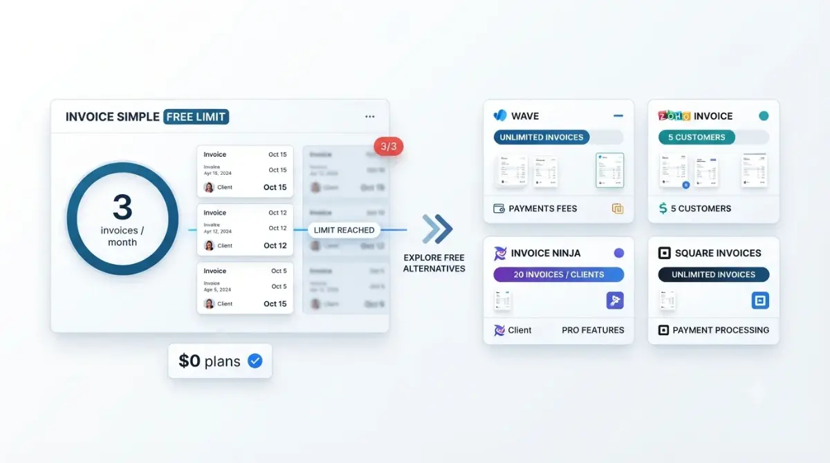 Invoice Simple Alternatives showing the 3-invoice monthly cap and free invoicing plans