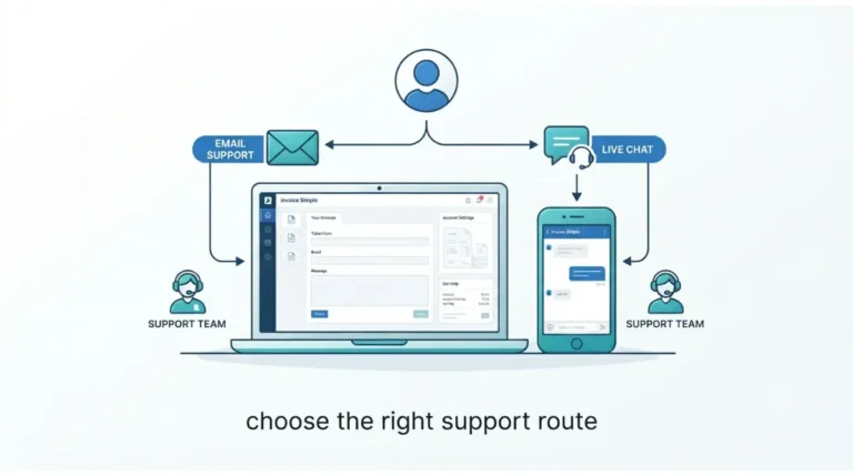 Invoice Simple customer support overview showing email, in-app chat, and support routes
