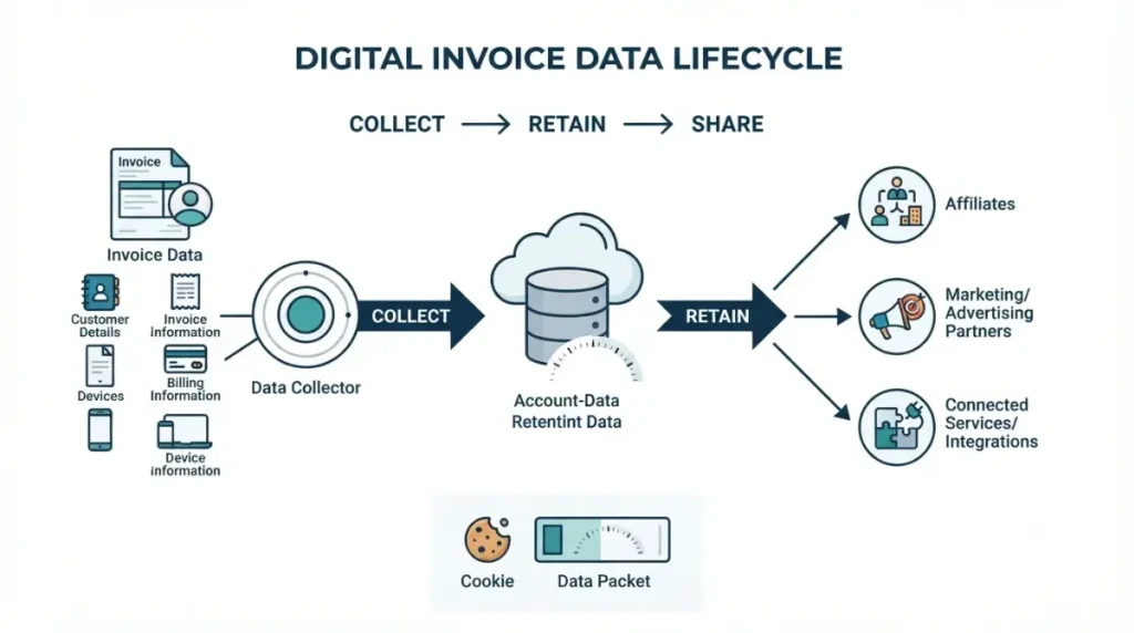 Invoice Simple data retention and sharing flow from collection to storage, affiliates, partners, and integrations