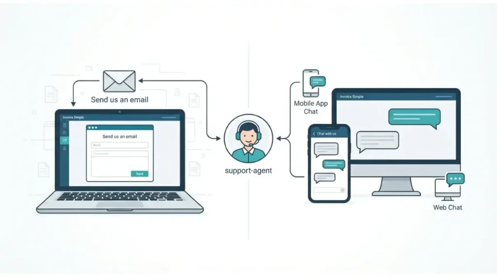 Invoice Simple email and in-app chat support contact methods on mobile and web