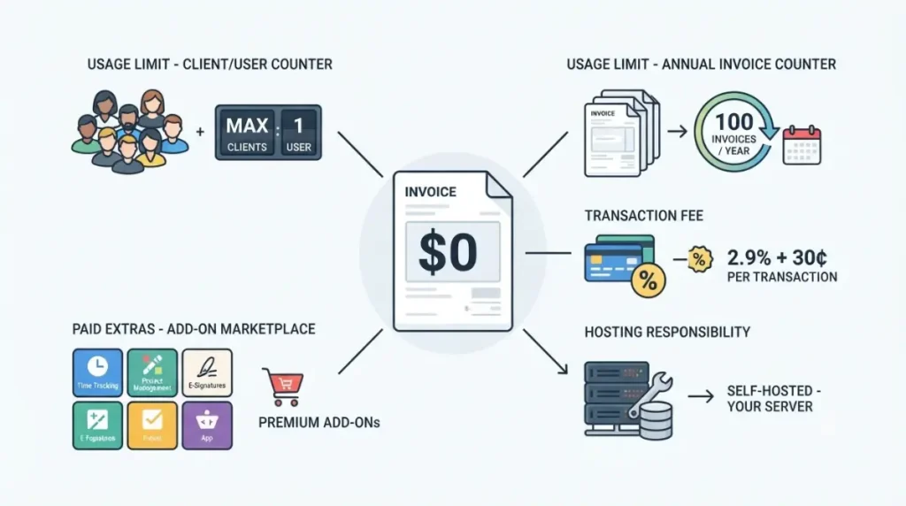 Invoice Simple alternatives showing free invoicing limits, client caps, transaction fees and self-hosting costs