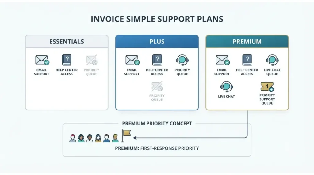 Invoice Simple Essentials Plus and Premium support priority comparison