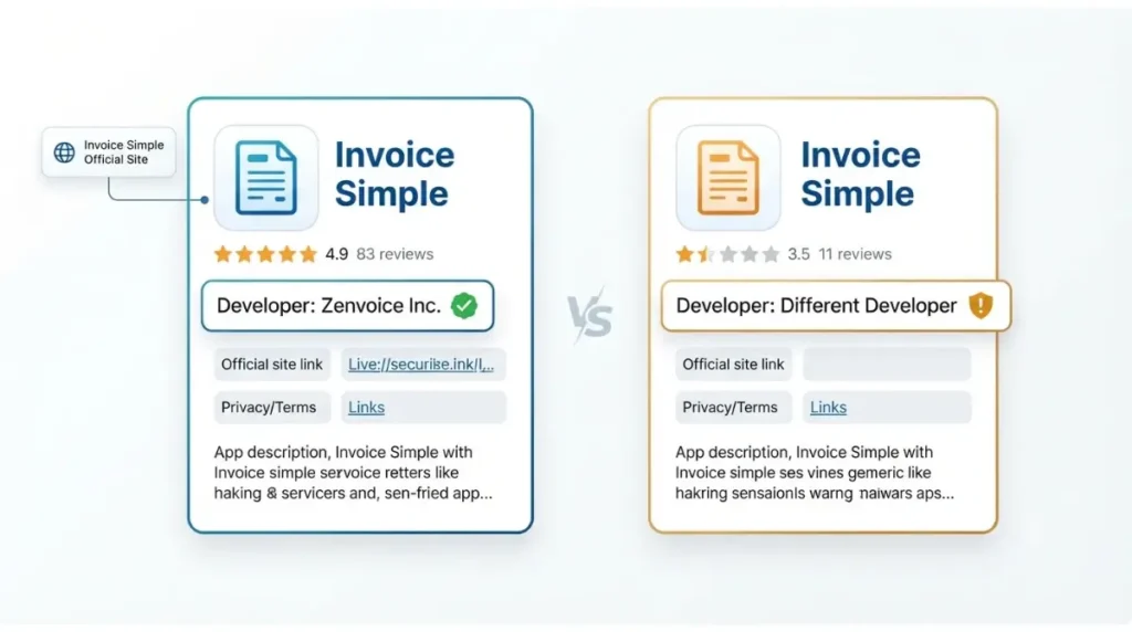 Safe Invoice Simple developer comparison showing matching app names and different developers